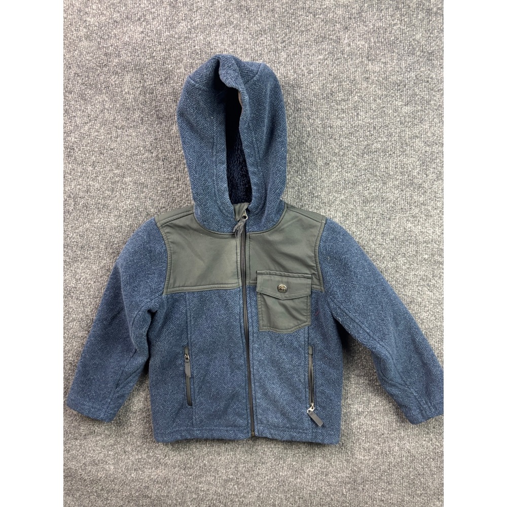 REI Fleece Hoodie Boys‎ XXS 4/5 Blue Herringbone Full Zip Sherpa Lined Jacket